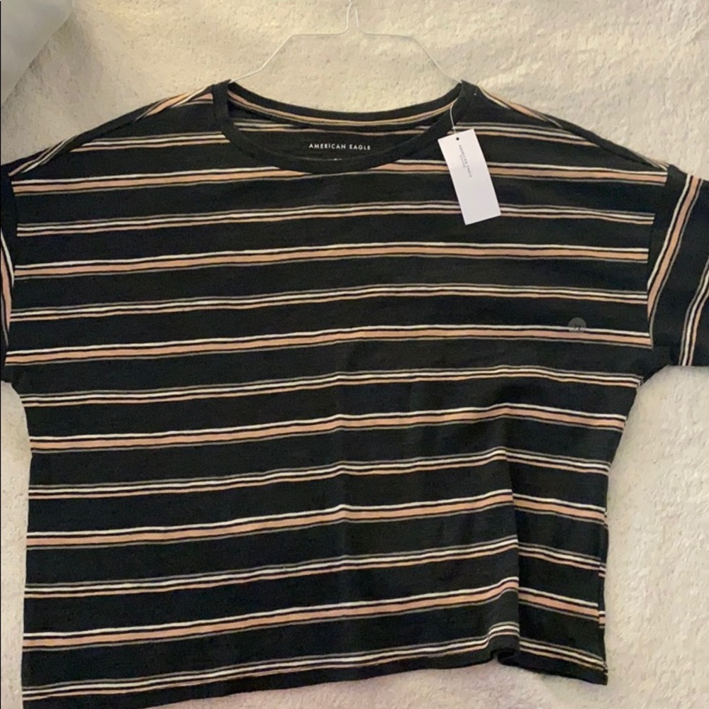 green, pink, white, and grey stripped cropped tee